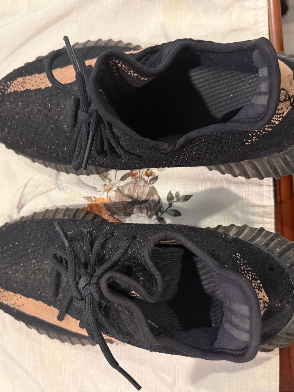 Yeezy Black Knit Sneakers with Tan Stripe Accent